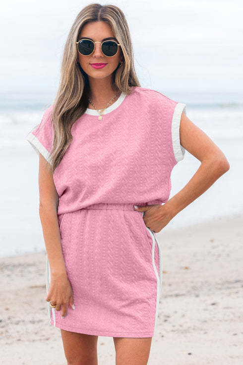 Casual Chic Textured Knit Contrast Trim Crewneck Tee And Pocketed Skirt Set